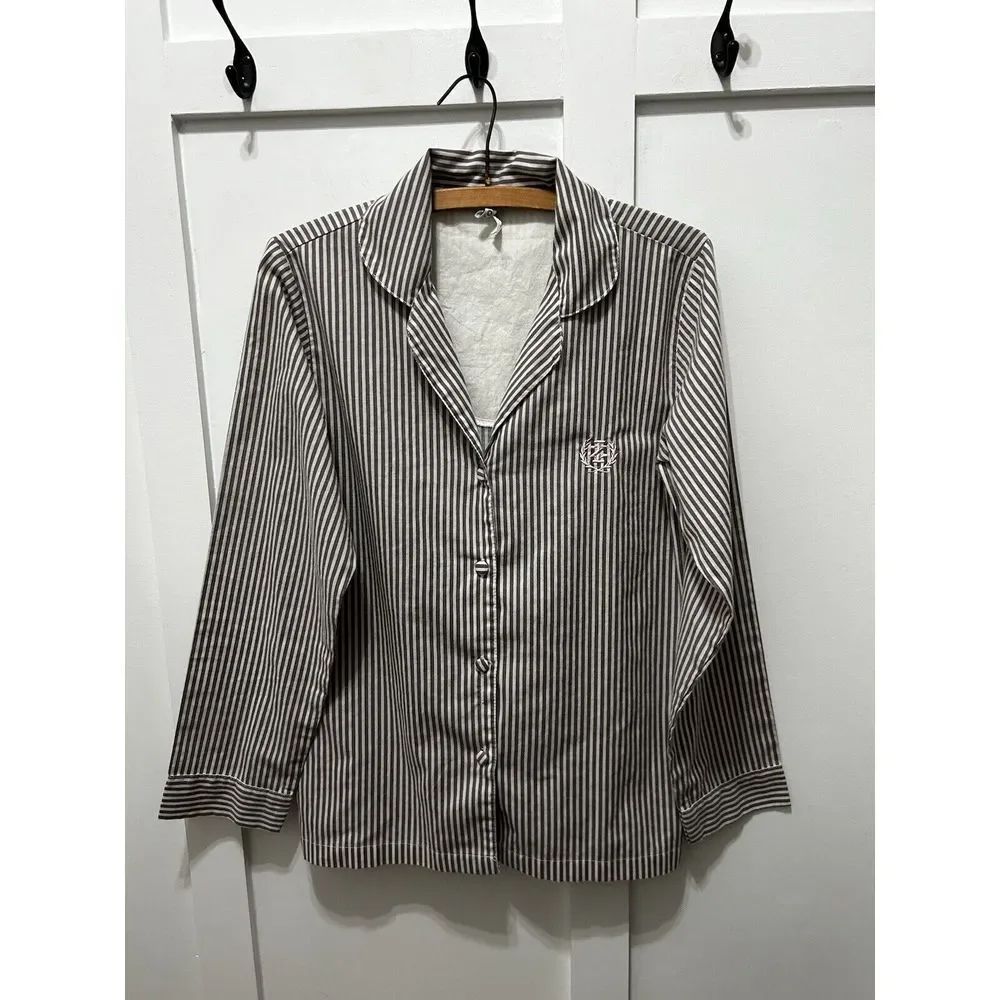 IZOD Sz M Blue Striped Button-Up‎ Pajama Sleep Shirt Nightgown gray and white